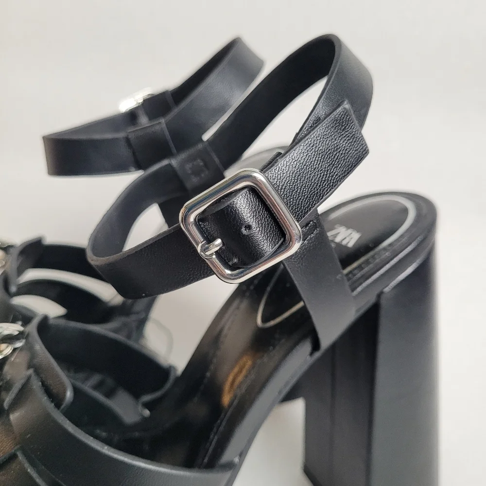 NWT Zara Chunky Black Platform Sandals with Chain Detail High Heels Size 8 - Picture 10 of 16